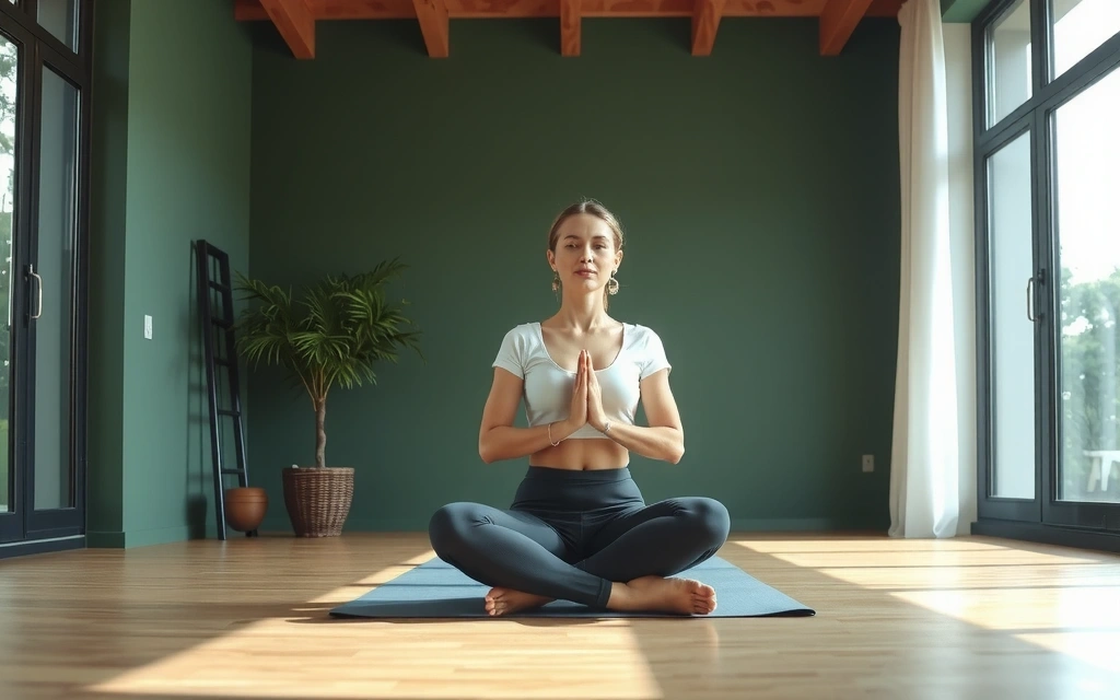 A serene woman meditating in a lush green yoga studio, sunlight streaming through large windows.