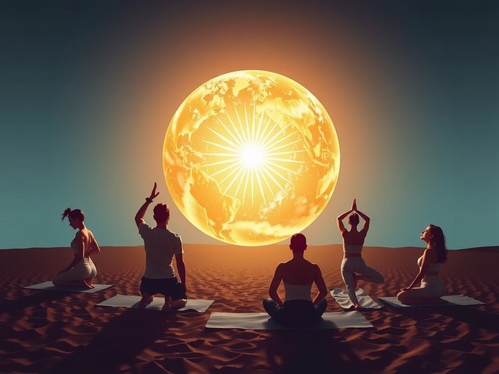 A glowing orb representing global community and harmony, surrounded by abstract yoga poses.
