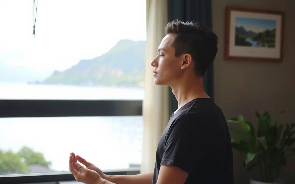 Person practicing deep breathing exercises in a tranquil setting.