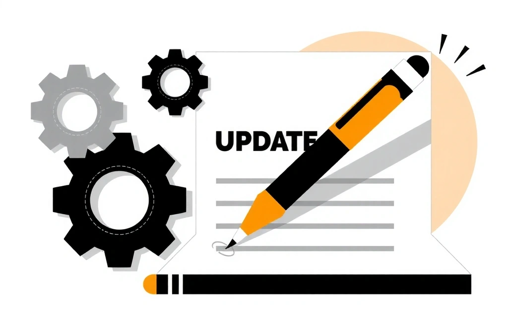 Illustration of a document being updated with a pen and gears, symbolizing policy changes