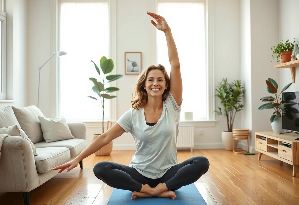 Happy woman practicing yoga at home, smiling