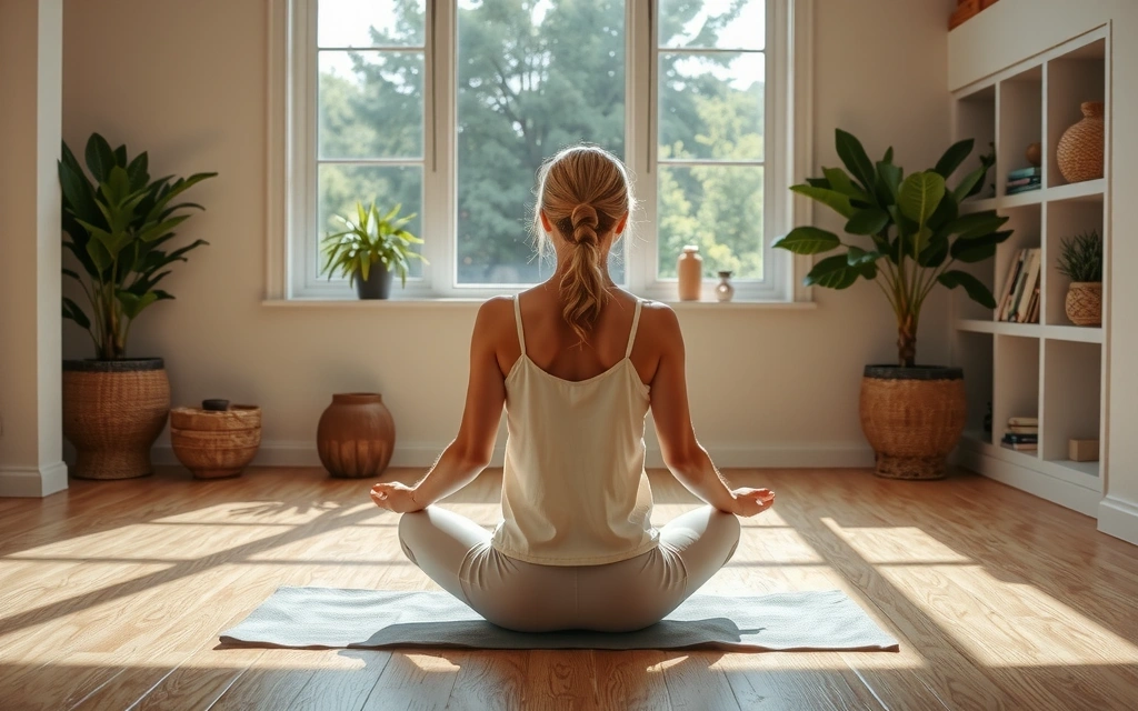 Woman meditating in a serene yoga studio with soft lighting
