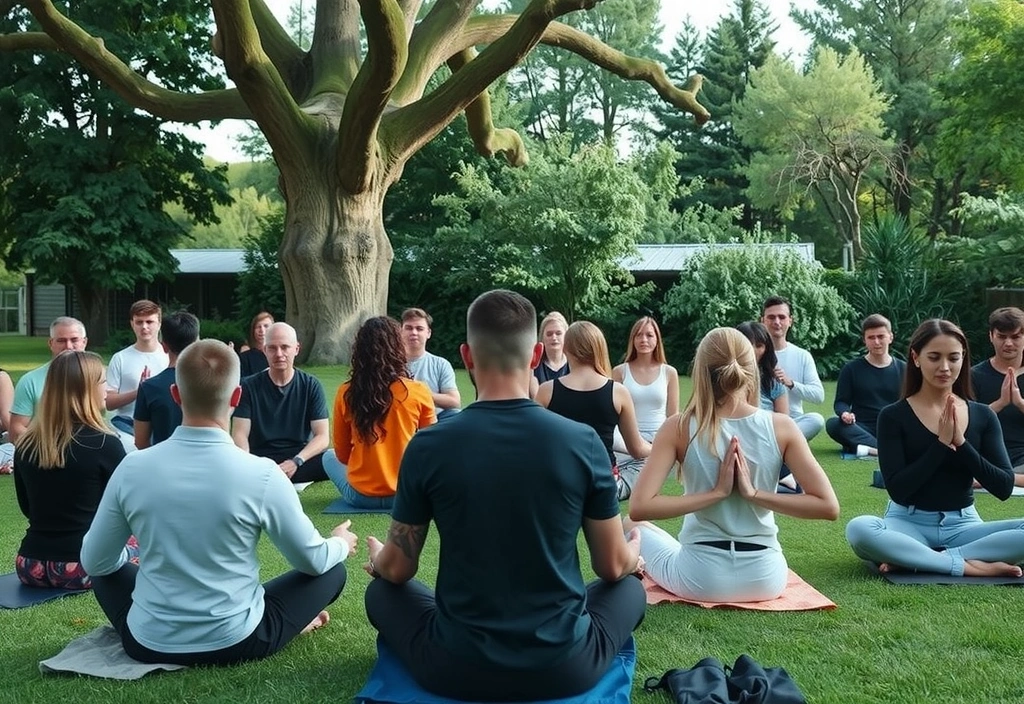 Group meditation in a serene outdoor setting